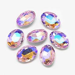 Pearl Pink Pointed Back Glass Rhinestone Cabochons, Back Plated, Faceted, AB Color Plated, Oval, Pearl Pink, 18x13x5.5mm