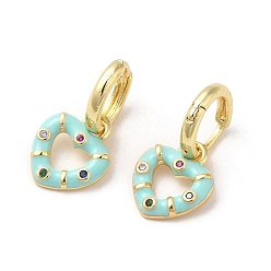Pale Turquoise Heart Real 18K Gold Plated Brass Dangle Hoop Earrings, with Cubic Zirconia and Enamel, Pale Turquoise, 21.5x11.5mm
