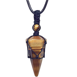 Tiger Eye Natural Tiger Eye Cone Pendant Necklaces, Wax String Macrame Pouch Necklace, 20.08~31.50 inch(51~80cm)
