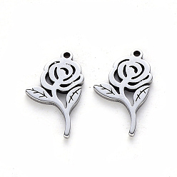 Stainless Steel Color 304 Stainless Steel Pendants, Laser Cut, Rose, for Valentine's Day, Stainless Steel Color, 16x9x1mm, Hole: 1mm
