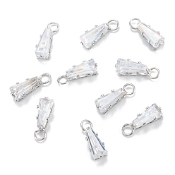 Platinum Brass Clear Cubic Zirconia Charms, Long-Lasting Plated, Trapezoid, Platinum, 11x3.5x3mm, Hole: 2mm
