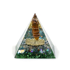Tiger Eye Orgonite Pyramid Resin Energy Generators, Reiki Wire Wrapped Natural Tiger Eye Hexagonal Prism Inside for Home Office Desk Decoration, 60x60x60mm