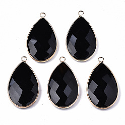 Black Natural Agate Pendants, with Light Gold Tone Brass Edge and Loops, Dyed, Faceted, Teardrop, Black, 37x21x5~6mm, Hole: 2.5mm