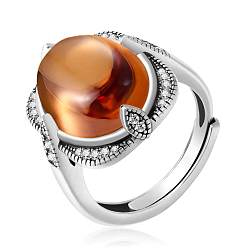 Champagne Gold Cubic Zirconia Oval Adjustable Ring, Antique Silver Plated 925 Sterling Silver Promise Ring for Women, Champagne Gold, US Size 6 1/2(16.9mm)