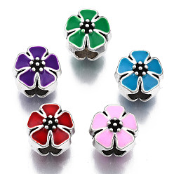 Mixed Color Alloy Enamel European Beads, Large Hole Beads, Cadmium Free & Lead Free, Antique Silver, Flower, Mixed Color, 10x10x10mm, Hole: 4.5mm