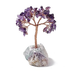 Amethyst Natural Amethyst Tree Display Decoration, Reiki Spiritual Energy Tree, Raw Fluorite Base Feng Shui Ornament for Wealth, Luck, Rose Gold Brass Wires Wrapped, 45~66x76~82x125~133mm