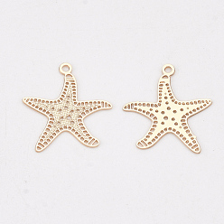 Light Gold Brass Charms, Etched Metal Embellishments, Long-Lasting Plated, Starfish/Sea Stars, Light Gold, 14x13x0.3mm, Hole: 1mm