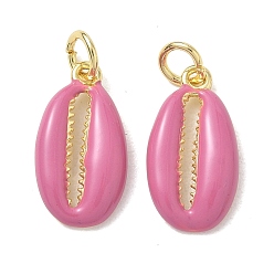 Pink Brass Enamel Pendants, Shell Shape Charms, Cadmium Free & Lead Free, Rack Plating, Long-Lasting Plated, Real 18K Gold Plated, Pink, 17x9x2.5mm, Hole: 3.5mm