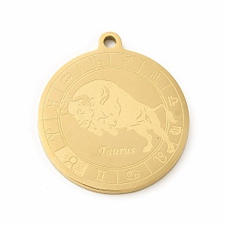 Телец 304 подвески из нержавеющей стали, плоско-круглые, Телец, 28x24.5x1.6 мм, отверстие : 2 мм