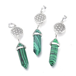 Malachite Synthetic Malachite Pointed Big Pendants, with Platinum Plated Brass Findings, Faceted, Bullet & Flower of Life, 59~67x14~15mm, Hole: 7x5mm