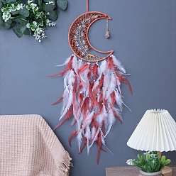 Indian Red Moon with Tree of Life Natural Red Jasper Chips Woven Web/Net with Feather Decorations, Home Decoration Ornament Festival Gift, Indian Red, 160mm