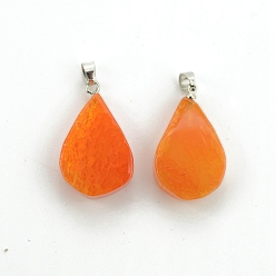 Оранжевый Окрашенные естественный агат подвески, подвески-слезинки с металлическими застежками-кнопками платинового оттенка, оранжевые, 25x15 мм