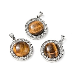 Tiger Eye Natural Tiger Eye Pendants, with Stainless Steel Color Tone 304 Stainless Steel and Crystal Rhinestone Findings, Half Round Charm, 24.5x21x8mm, Hole: 3.5x6mm
