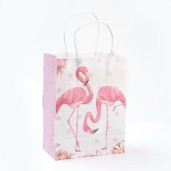 Misty Rose Rectangle Paper Bags, with Handles, Gift Bags, Shopping Bags, Flamingo Shape Pattern, For Valentine's Day, Misty Rose, 21x15x8cmm