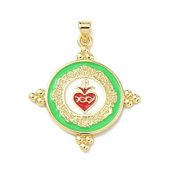 Зеленый Латунь эмаль подвески, Плоский круглый подвесной медальон в виде священного сердца, долговечный, без кадмия и без свинца, стойки покрытие, реальный 18 k позолоченный, зелёные, 33x30x2 мм, отверстие : 3.5x5 мм