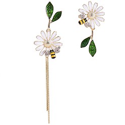 Green Daisy & Bee Enamel Asymmetric Earrings, Golden Alloy Long Tassel Dangle Stud Earrings for Women, Green, 91x20mm, 42x20mm, Pin: 0.7mm