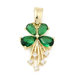 Зеленый Латунные микро проложить кубического циркония подвески, цветок, золотые, зелёные, 19x13x4 мм, отверстие : 5x2.8 мм