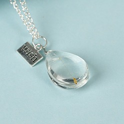 Teardrop Dandelion Wish Necklace, Resin Pendant Necklace with Alloy Chains, Teardrop, 19.69 inch(50cm)