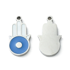 Stainless Steel Color 304 Stainless Steel Manual Polishing Charms, with Enamel, Hamsa Hand/Hand of Miriam with Evil Eye, Stainless Steel Color, 13.5x7.5x1.5mm, Hole: 1mm