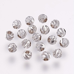 Platinum Carved Brass Beads, Long-Lasting Plated, Round, Real Platinum Plated, 3.5~4x3mm, Hole: 2mm