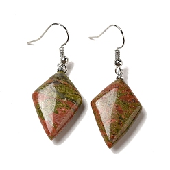 Унакит Серьги с подвесками из натурального унакита в виде ромбов, платиновые латунные серьги, 45.5x18 мм