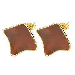 Tierra de siena Pendientes de botón de latón esmaltado para mujer, rombo, larga duración plateado, chapado en rack, sin plomo y el cadmio, dorado, tierra de siena, 20x22 mm