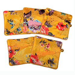 Verge D'or En tissu carré rétro pochettes, avec pompon et motif fleuri, verge d'or, 11.5x11.5 cm
