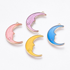 Mixed Color Alloy Enamel Pendants, Moon with Star, Light Gold, Mixed Color, 31.5x20x2mm, Hole: 1mm
