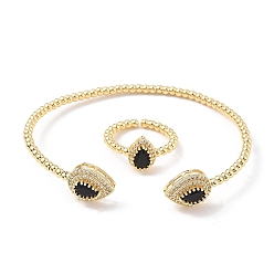 Черный Наборы из каплевидных латунных браслетов-манжет и колец с микропаве из кубических цирконий для женщин, стойки покрытие, реальный 18 k позолоченный, чёрные, браслет: 3~11ширина мм, 59x53 мм внутренним диаметром