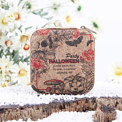 Pumpkin Portable Skull Printed Square Cork Wood Jewelry Packaging Zipper Box for Necklaces Earrings Storage, Pumpkin, 10x10x5cm
