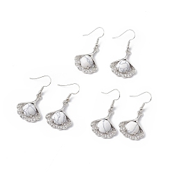 Говлит Серьги-подвески из натурального говлита в виде листьев гинкго с кристаллами и стразами, платиновые латунные украшения для женщин, 40 мм, штифты : 0.6 мм