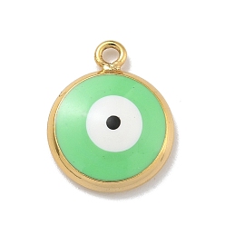 Средний Весенно-Зеленый Подвески из латуни с эмалью в стойку, долговечный, без свинца и без кадмия, реальный 18 k позолоченный, плоский круглый с рисунком сглаза, средний весенний зеленый, 15x12x3.5 мм, отверстие : 1.5 мм