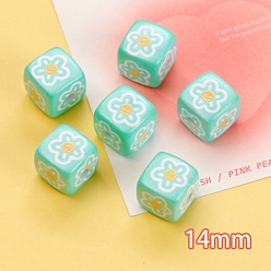 Cyan Perles acryliques imprimés opaques, cube avec motif de fleurs, cyan, 14x14mm
