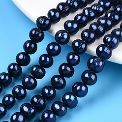 Prussian Blue Natural Cultured Freshwater Pearl Beads Strands, Dyed, Potato, Prussian Blue, 7~10x7~8mm, Hole: 0.6~0.7mm, about 50pcs/strand, 14.17 inch(36cm)