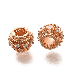 Розовое Золото Реечное покрытие латунь микро паве прозрачный кубический цирконий европейские бусины, бусины с большим отверстием, долговечный, без свинца и без кадмия, круглые, розовое золото , 10x7.5 мм, отверстие : 4.5 мм