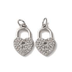 Платина Латунные микропаве прозрачные подвески с фианитом, замок в форме сердца, с целью перехода в кольце, стойки покрытие, долговечный, без свинца и без кадмия, платина, 18x10.5x2 мм, отверстие : 3.5 мм