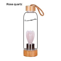 Rose Quartz Glass Water Bottle with Wood Lids, with Angel Natural Rose Quartz Inside Display Decorations, Figurine Home Decoration, 250x70mm