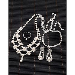 Silver Iron Rhinestone Bridal Jewelry Sets: Necklaces, Bracelets, Earrings and Finger Rings, with Acrylic Pearl Beads and Plastic Ear Nuts/Earring Backs, Silver Color Plated, 16.1 inch, 180mm, 17x31mm, 17mm