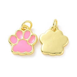 Pink Rack Plating Brass Enamel Charms, with Jump Ring, Long-Lasting Plated, Real 18K Gold Plated, Cadmium Free & Lead Free, Dog's Paw Print, Pink, 11.5x10x1.5mm, Jump Ring: 4x0.6mm, Inner Diameter: 2.5mm