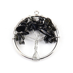 Obsidian Natural Obsidian Tree fo Life Pendants, Iron Ring Chip Gems Tree Charms, Platinum, 30mm