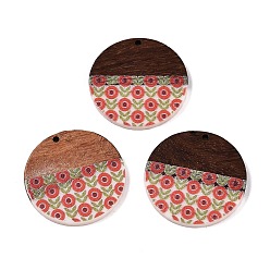 FireBrick Printed Resin & Wood Pendants, Flat Round Charm with Flower Pattern, FireBrick, 35x2~3mm, Hole: 2mm