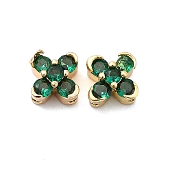 Зеленый Многожильные звенья из латуни с паве из кубического циркония, клевер, реальный 18 k позолоченный, зелёные, 6x6x5 мм, отверстие : 1 мм