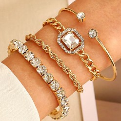 Rectangle 4Pcs 4 Style Light Gold Alloy Bangle and Bracelet Sets, Glass Rhinestone Jewelry Set for Women, Rectangle, Inner Diameter: 62~64mm, 1Pc/style