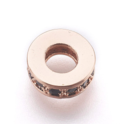 Rose Gold Brass Micro Pave Cubic Zirconia Beads, Lead Free & Cadmium Free, Flat Round, Black, Rose Gold, 8x2.5mm, Hole: 3.5mm