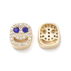 Medium Blue Brass Micro Pave Cubic Zirconia Beads, Lead Free & Cadmium Free, Long-Lasting Plated, Real 18K Gold Plated, Oval with Smiling Face, Medium Blue, 9x8x4mm, Hole: 1mm