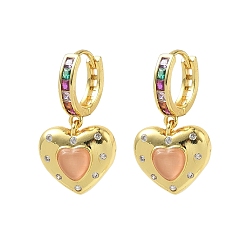 Golden Brass Micro Pave Cubic Zirconia and Cat Eye Beads Heart Hoop Dangle Earrings, Rack Plating, Long-Lasting Plated, Cadmium Free & Lead Free, Golden, 27.5x15.5mm