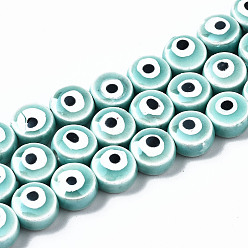 Turquoise Handmade Porcelain Ceramic Beads Strands, Bright Glazed Porcelain, Flat Round with Evil Eye, Turquoise, 8x5mm, Hole: 1.5mm, about 40pcs/strand, 12.01 inch(30.5cm)