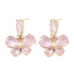 Light Gold Butterfly Brass Dangle Stud Earrings, Pink Glass Drop Earrings, Light Gold, 36x28mm