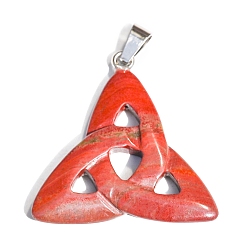 Red Rainbow Jasper Saint Patrick's Day Natural Red Rainbow Jasper Pendants, Triquetra Knot Charms with Platinum Plated Metal Snap on Bails, 34x6mm