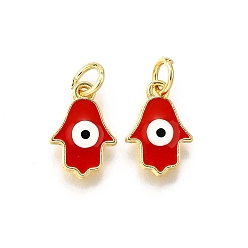Красный Латунь эмаль прелести, с целью перехода в кольце, рука хамсы/рука мириам с заклинанием сглаза, стойки покрытие, без кадмия и без свинца, долговечный, золотые, красные, 13x8.5x1.5 мм, отверстие : 3 мм
